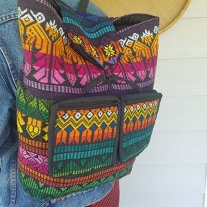 Vintage Hippie Bohemian Backpack Embroidered Geometric Design Multicolor Travel